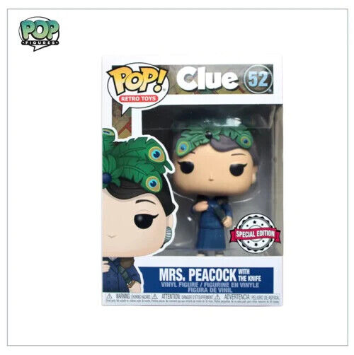 FUNKO POP VINYL RETRO TOYS CLUE MRS PEACOCK WITH KNIFE #52 EXCLUSIVE + PROTECTOR