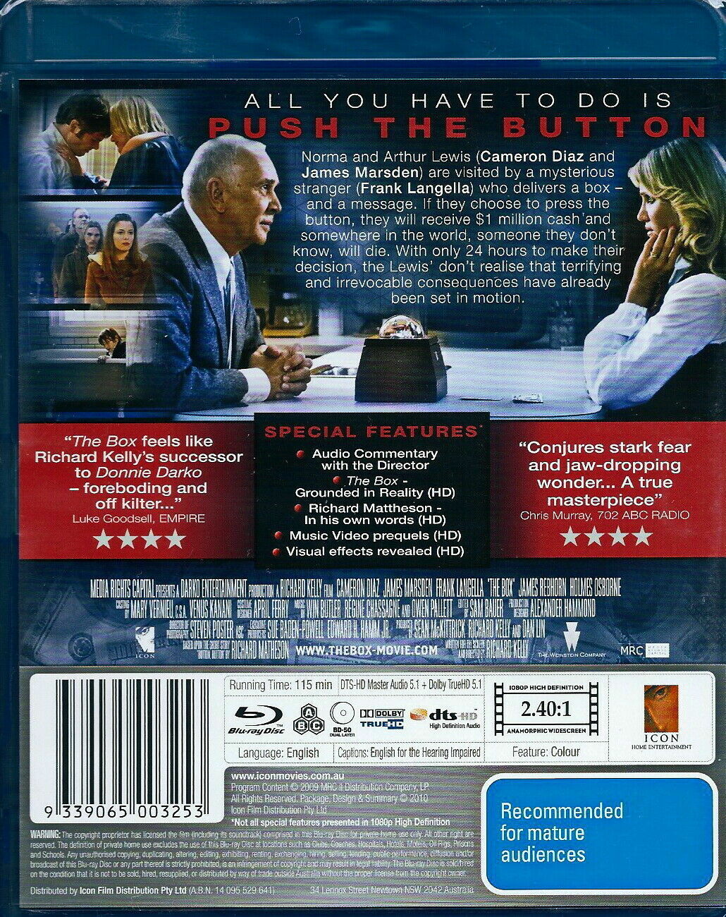 The Box -Thriller/Mystery -Cameron Diaz -(Blu-Ray,2009) Region A,B,C -NEW