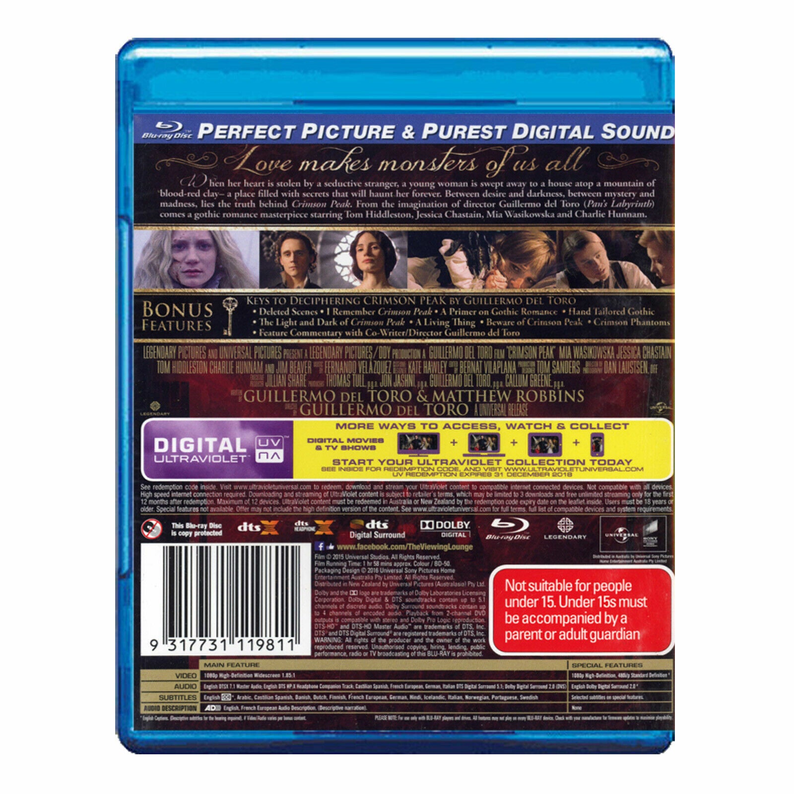 Crimson Peak Blu-ray New Region B - Charlie Hunnam,Tom Hiddleston - NEW+SEALED 